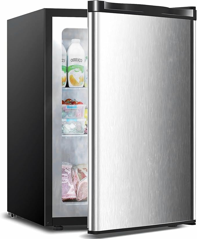 3.2 Cu.ft Small Upright Freezer, Mini Freezer with Adjustable Thermostat, Removable Shelves, Reversible Single Door, for Bedroom/Home/Dorms/Apartment, Silver