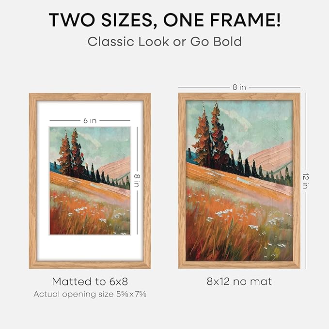 Homeforia 8x12 Picture Frame Wood, High End Natural Oak 8 x 12 Light Wooden Frames with Mat 6 by 8 inch Photo, 8by12 Frame Matted to 6x8 Art, Wall or Tabletop Frame, Tempered Glass, Wall Kit, Set of 4