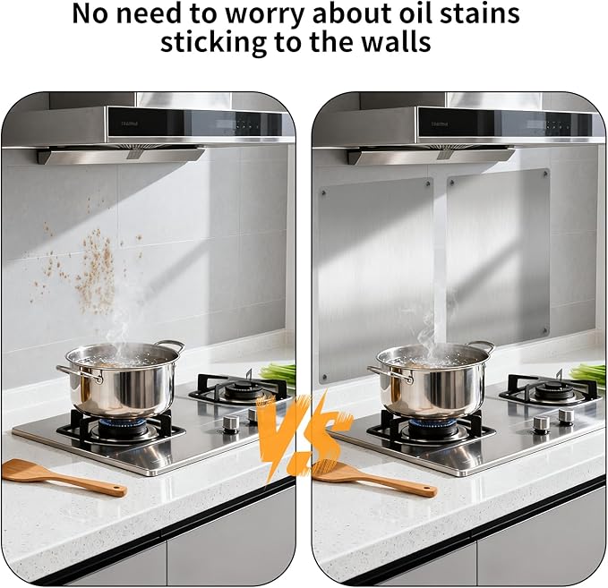 Stainless Steel Stove Backsplash Wall Guard - Heat Resistant Splatter Shield for Kitchen Wall, Oil-Proof for Gas/Electric Stoves, Easy Install with Pre-Drilled Holes (Brushed Silver)