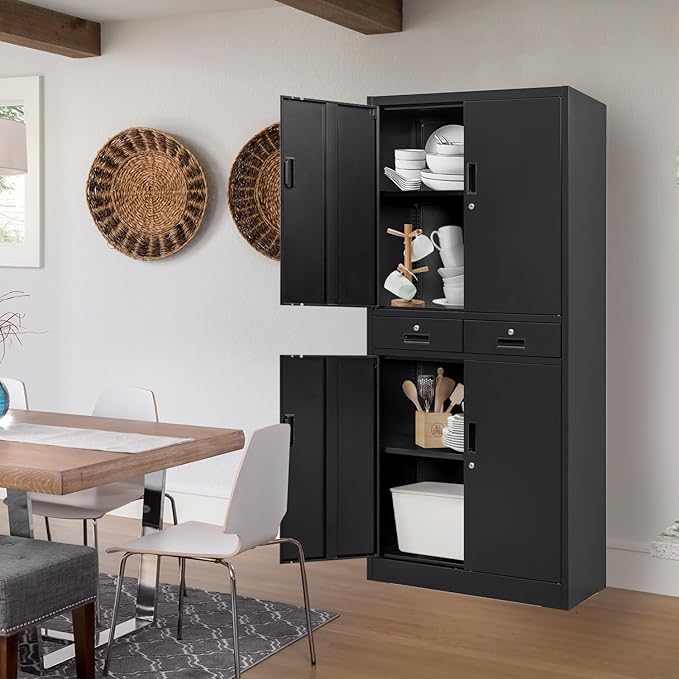 BESFUR Metal Storage Cabinet with 2 Drawers and Adjustable Shelves, 71" H Locking Storage Cabinet for Office, Garage, Home, School, Utility -Black