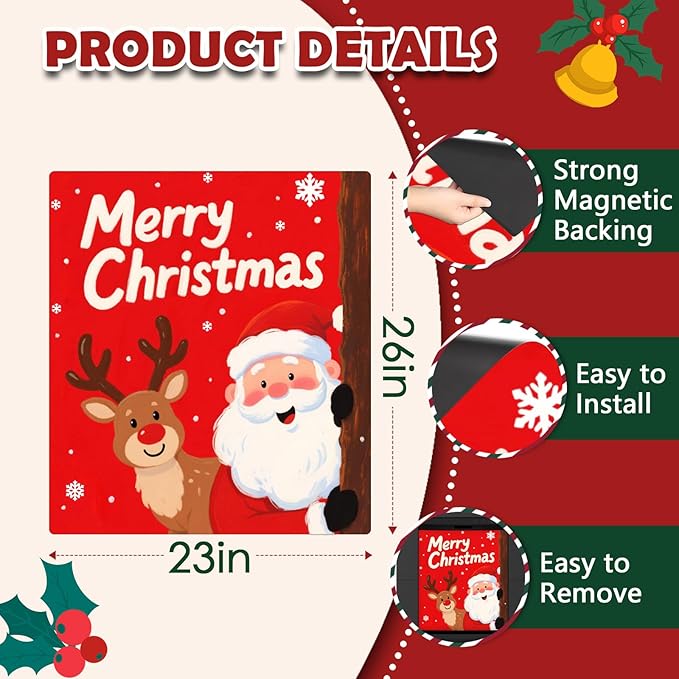 Christmas Santa Elk Dishwasher Magnet Cover, 23" W x 26" H Fridge Magnetic Stickers Reuseable Magnet Panel Decal Cover for Washing Machine Fridge Microwave Cabinet Kitchen Christmas Decoration