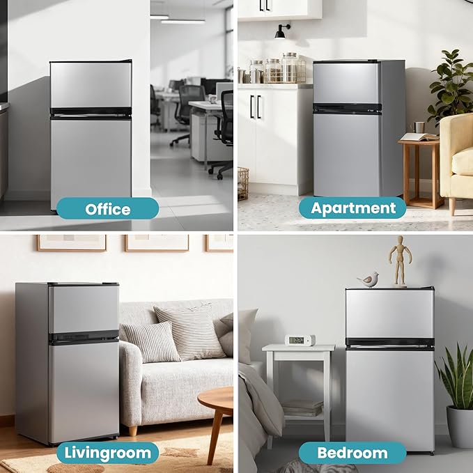 Double Door Refrigerator with Freezer, 3.55 Cu.Ft, Small Fridge with Freezer, 7 Settings Temperature Adjustable, Mini Refrigerator for Office and Apartment Bedroom Dorm(3.55 Cu.Ft, Silver)