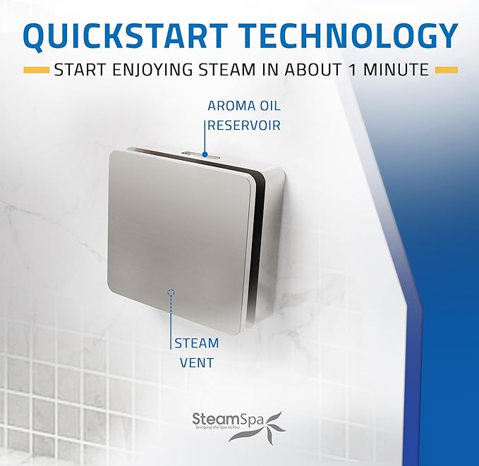 SteamSpa Steam System 6kW Steam Shower Generator with Bluetooth Wifi, Quickstart Continous Steam, Advanced Touch Pad Screen, Chroma Lights, Drain Pan and Auto Drain Brushed Nickel RVBS600BN-A