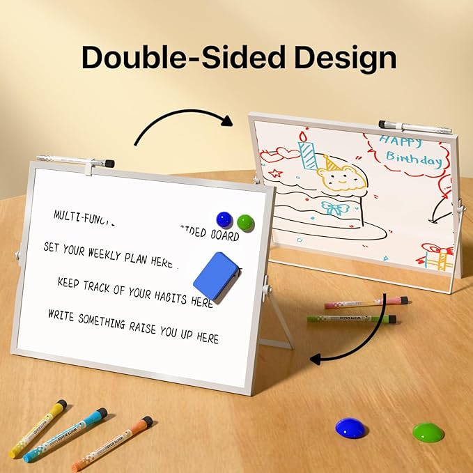 Dry Erase White Board with Stand,Double-Sided Whiteboard 16"x12", 10 Markers,6 Magnets, 1 Eraser,Portable Desktop Whiteboard for Planning,Colorful Weekly Schedule Board for School for Home