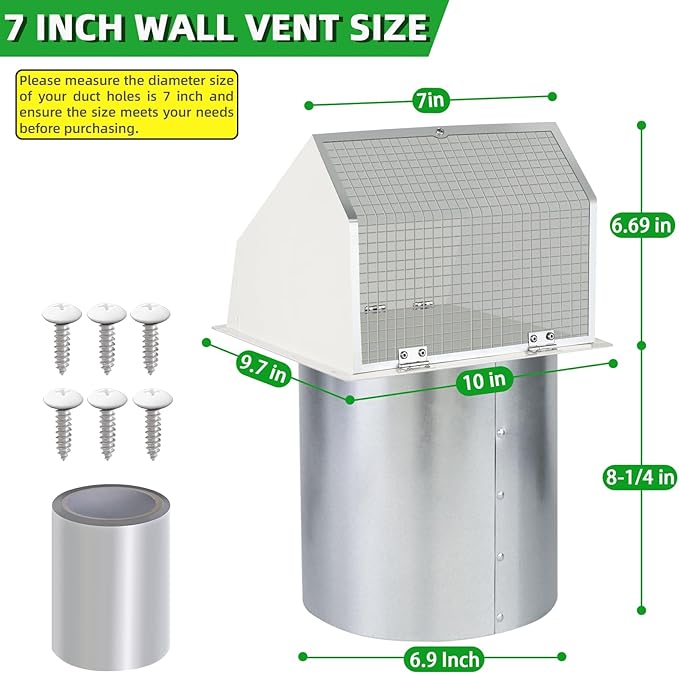 7Inch Hooded Wall Vent with Screen and Damper,Galvanized Steel Exhaust Vent Cover Cap Outside,Wall Vent Cover Exterior Outdoor Vent Hood for Kitchen Range Hood Laundry Dryer Bathroom Fan Duct Air Vent