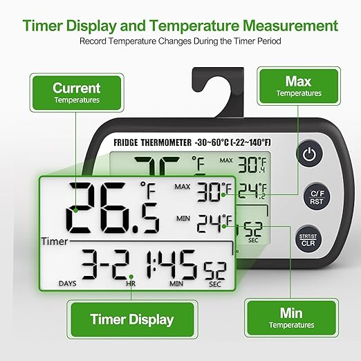 Digital Refrigerator Thermometer 2 Pack, Waterproof Fridge Thermometer, 2.25IN Large Screen Freezer Thermometer, Max/Min Record Function,Timer Function(Black)