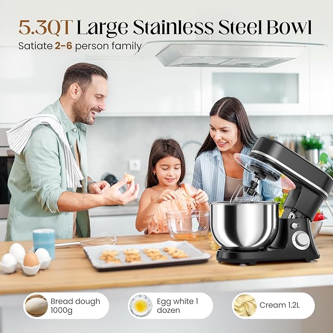 800W Stand Mixer with 5.3QT Stainless Steel Bowl - 6+P Adjustable Speed Electric Kitchen Mixer with Dough Hook, Whisk & Beater, Tilt-Head & Non-Slip Design- Black (YD-385NS)
