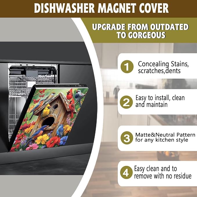 Spring Garden Birdhouse Dishwasher Magnet Cover,Pastoral Flowers Butterfly Magnetic Dishwasher Cover Vinyl Sticker,Fridge Door Cover Magnets Art Skin Panel Decal,Home Decor Decal,23"X26"