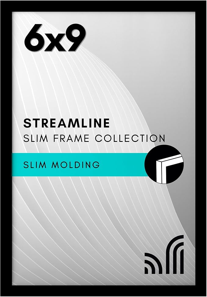 Americanflat 6x9 Picture Frame with Shatter-Resistant Glass - Streamline Collection - Thin Border Photo Frame for Tabletop and Wall Display - Hanging Hardware and Easel Stand Included - Black