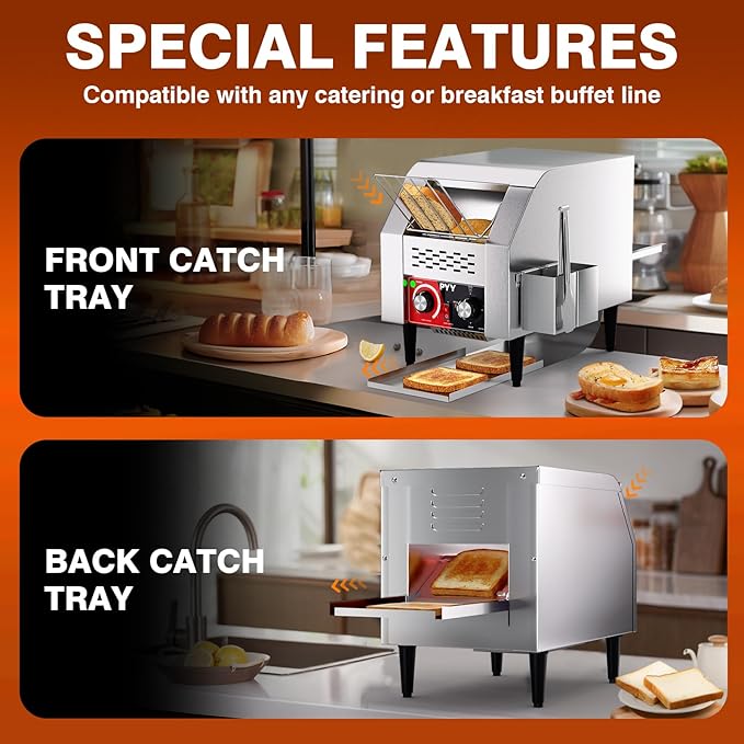 PYY Commercial Conveyor Toaster - 150 Slices/Hour Heavy Duty Stainless Steel Toaster for Toast, Bagel, Bun, Bread, Ideal for Restaurant/Bakery/Buffet