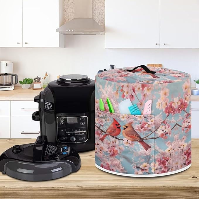 Xoenoiee Cardinal Bird Cherry Blossom Print Kitchen Appliance Dust Cover with Pockets, Electric Pressure Cooker Cover for qt Compatible with Crock Pot, Rice Cooker Cover, for 8 Qt Pot