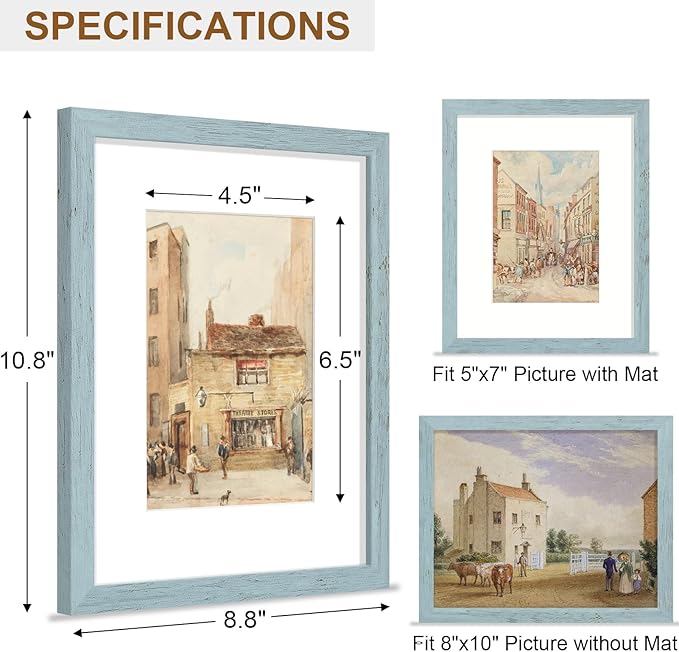 Vittanly 8x10 Picture Frame, Solid Wood Frame with Plexiglass, Includes 5x7 Mat, Wall Hanging or Tabletop for Home Decor, Rustic Blue, 1 Pack