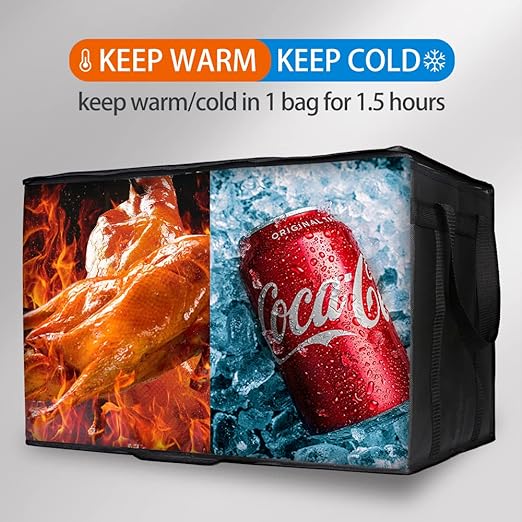 Bodaon 2-Pack Insulated Food Delivery Bag, XXX-Large Meal Grocery Tote Insulation Bag for Hot and cold Food, Commercial, Large Capacity Reusable Warming Bag, Heavy Duty Pizza Carrier, Black + Red