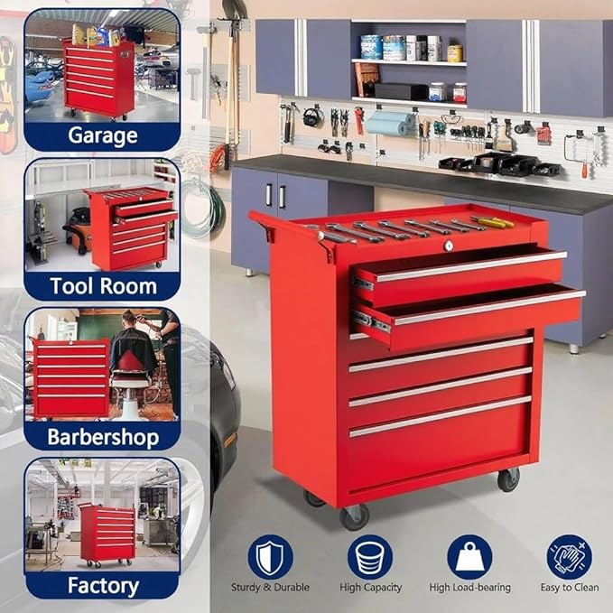 IDEALHOUSE Rolling Tool Chest, 6 Drawers Tool Storage Cabinet, Toolbox with Wheels, Portable Tool Cabinet Organizer with Locking System & Drawer Liners, Tool Storage Cart for Garage, Workshop, Red