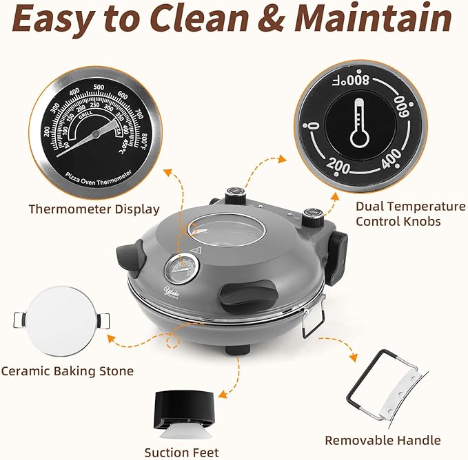 12" Electric Pizza Oven - Countertop Pizza Maker with Ceramic Stone, Heats up to 800°F, Portable Indoor Pizza Oven for Homemade Pizzas, Grey