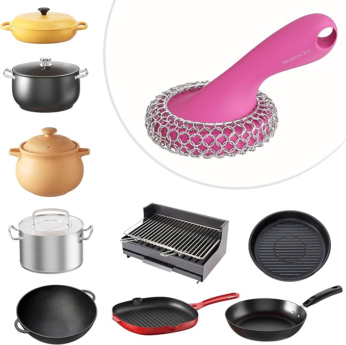 SUBEKYU Cast Iron Scrubber with Silicone Handle, Stainless Steel Skillet Cleaner for Cast Iron Pans (Pink)