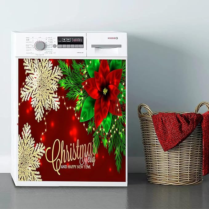 ALAZA Dishwasher Magnet Cover Panel for The Front,Christmas Red Poinsettia Snowflakes Magnetic Covers Sticker Decal Washing Machine Decorative Home Season Decor,26x23
