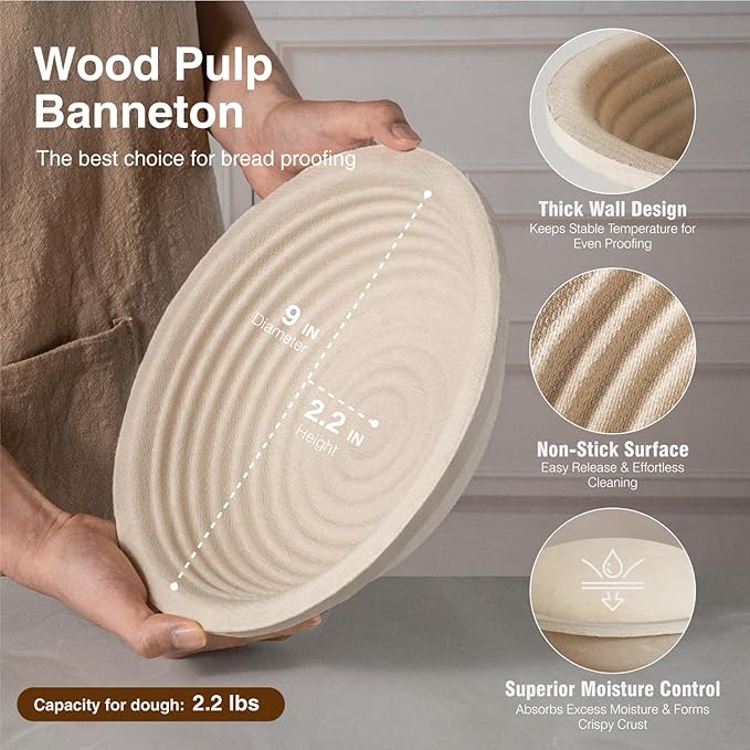 Wood Pulp Banneton Bread Proofing Basket Set, Banneton Basket Kit, Sourdough Bread Baking Supplies Making Tool (Round Banneton Basket Set)