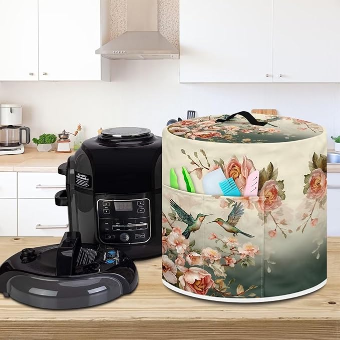 Xoenoiee Hummingbird Vintage Floral Print Kitchen Appliance Dust Cover with Pockets, Electric Pressure Cooker Cover Compatible with Crock Pot, Rice Cooker Cover, for 6 Qt Pot