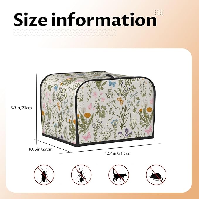 Vintage Flower Wild Herb Floral 4 Slice Toaster Cover, Waterproof Toaster Dust Bread Maker Protective Cover For Small Kitchen Appliance Dining Room Table Home Decor Gifts