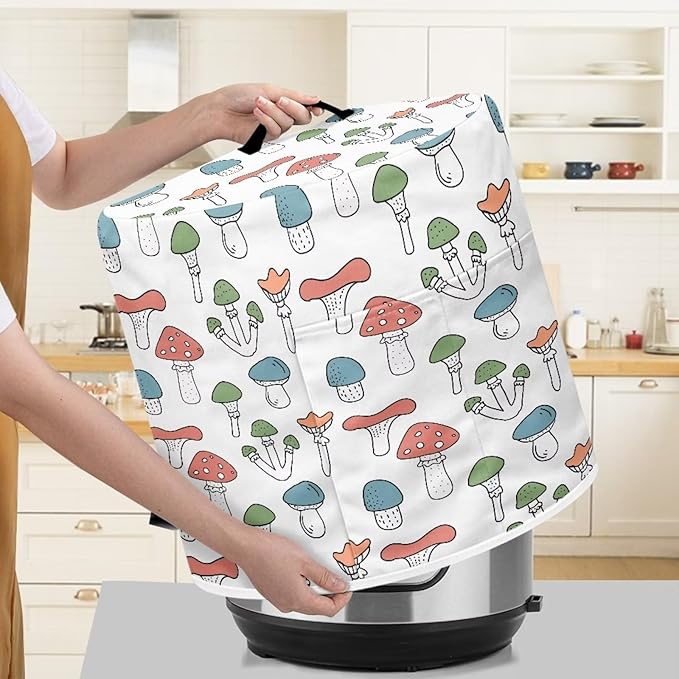 Cute Mushroom Print Pressure Cooker Cover 3 Quart Air Fryer Cover Kitchen Appliance Dust Cover Cover with Pockets for Electric Pressure Cooker Rice Cooker Steamer,White