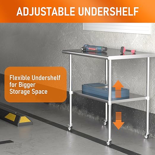Stainless Steel Table with Wheels 30" x 36" Utility Worktable with Adjustable Undershelf for Commercial Kitchen, Garage, Restaurant
