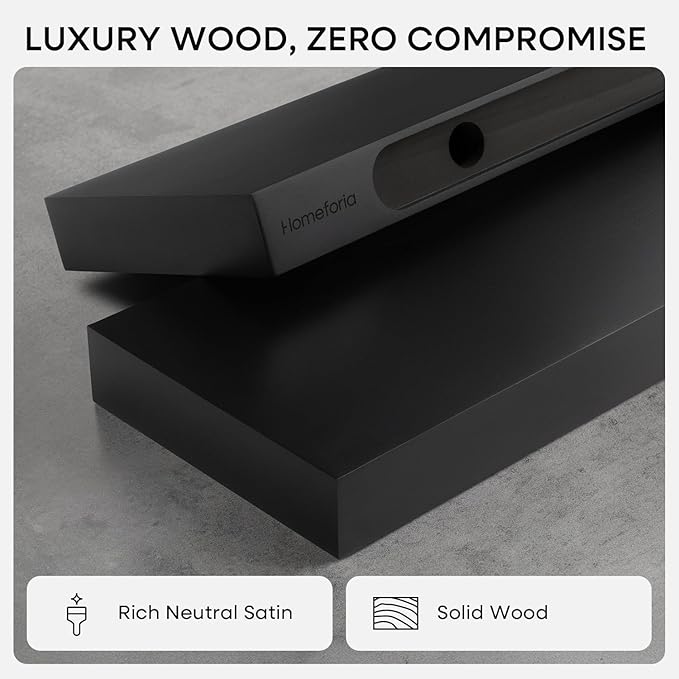 Homeforia Floating Black Shelf 60 inch, High End Solid Real Wood 60 inches Long Floating Shelves for Wall, Black Wooden 60inch Large Floating Shelves, Heavy Duty Bracket, 60 X 6.5 X 1.75 in, Set of 2