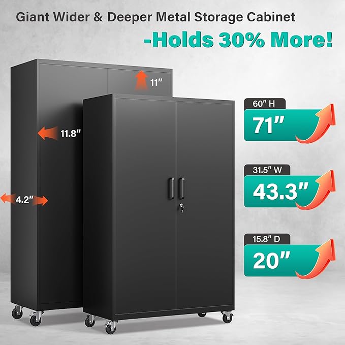 SISESOL Wide & Deep Metal Storage Cabinet with Wheels,Tall Rolling Garage Storage Cabinet with Lock,Black Metal Cabinets with Shelves and Pegboards,Tool Locker for Garage,Home,Office,43''Wx 20''Dx71"H