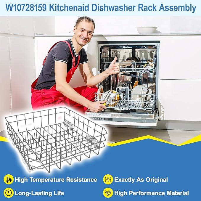 2025 UPGRADED W10728159 Dishwasher Lower Rack Replacement W10525646,Compatible with Kitchenaid Kenmore Whirlpool Maytag Dishwasher Bottom Rack Parts KDFE104DSS4/KDTE104ESS4,Comes 4pcs WP3376961 Roller