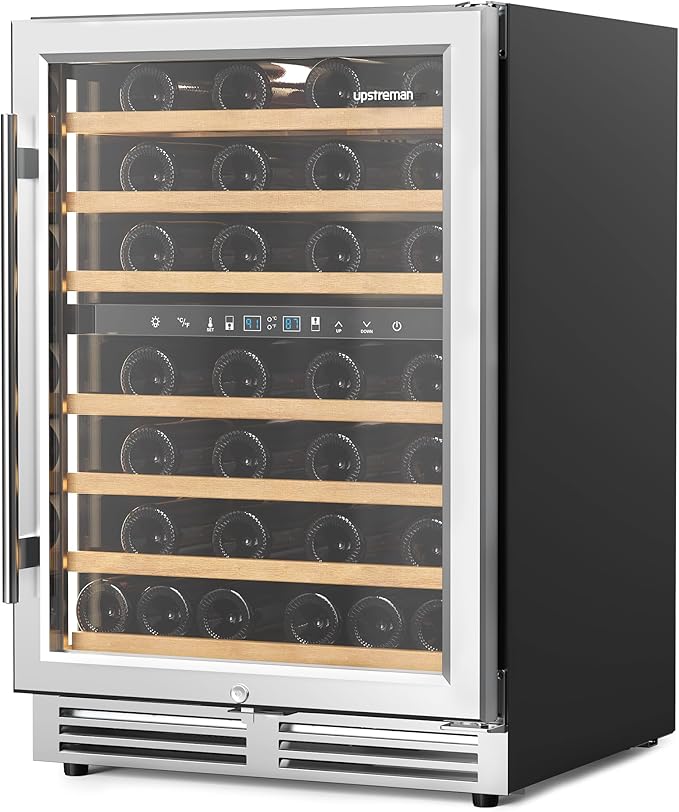 Upstreman 24 Inch Wine Fridge, 54 Bottles Dual Zone Wine Cooler Refrigerator, Small Built-in or Freestanding Wine Fridge with Stainless Steel Glass Door for Home, Office, or Kitchen, W54