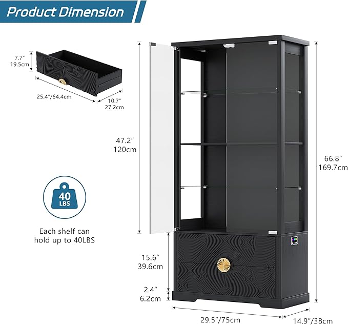 RGB Glass Display Cabinet with Door, 4-Tier Curio Cabinet with 2 Drawers and Adjustable Glass Height Showcase, Display Case with 3 LED Light and Human Body Sensor, Black