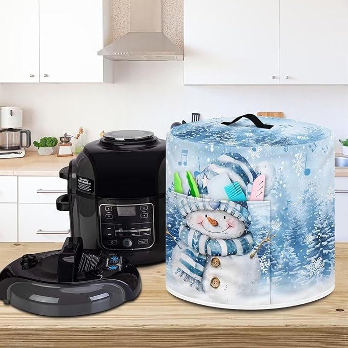 Christmas Theme Kitchen Appliance Dust Cover 8 Quart Pressure Cooker/Air Fryer/Rice Cooker Cover with Top Handle and Storage Pocker, Cute Snowman Blue