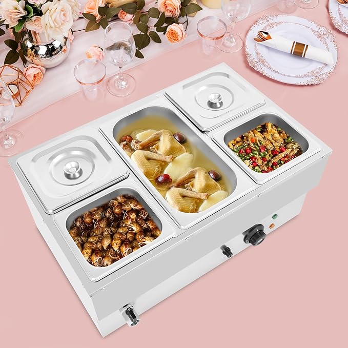 Commercial Food Warmer Stainless Steel Bain Marie Buffet Food Warmer Steam Table Electric Countertop Steam Table Container with 86-185°F Temp Control for Catering Restaurants (5 Pans)