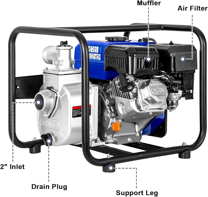 BILT HARD Semi Trash Pump 2 inch, 158 GPM 7HP Gas Powered Water Pump, 212cc 4-Cycle Engine with 50 ft Discharge Hose, 12 ft Suction Hose and Complete Fittings, EPA Certified