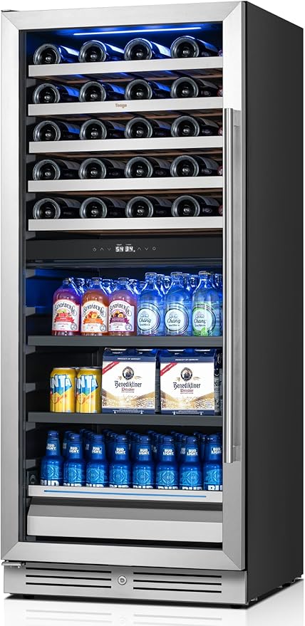 Yeego 24 Inch Wine Fridge - 40 Bottles and 112 Cans Dual Zone Wine Cooler with Glass Door, 34-65℉ Built-In or Freestanding Refrigerator with Lock and 2 Color LED for Kitchen Bar Office (Left-Hinged)
