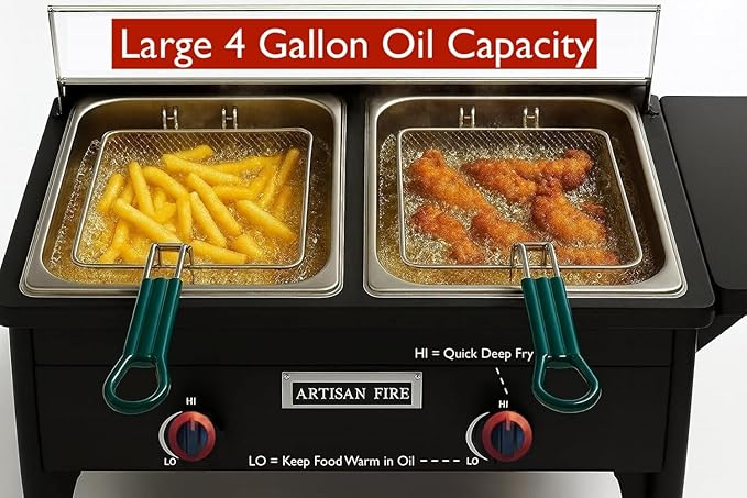 Two Tank Propane Deep Fryer-2 Basket Stainless Steel Cooker-Fry Fish/Chicken Outdoor-4 Gal. Oil Capacity-with 2 Thermometers and Regulator