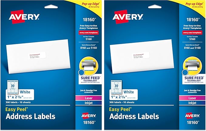 Avery Easy Peel Printable Address Labels with Sure Feed, 1" x 2-5/8", White, 300 Blank Mailing Labels (18160) (Pack of 2)