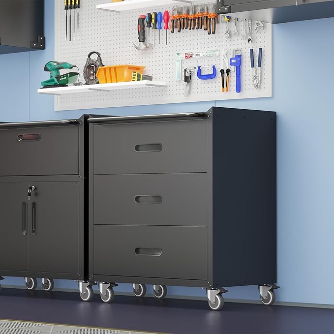 Black Metal Garage Storage Cabinet on Wheels, Heavy Duty Steel Rolling Tool Chest with Drawers, Mobile Tool Storage Cabinets for Warehouse Garage Basement, Assembly Required