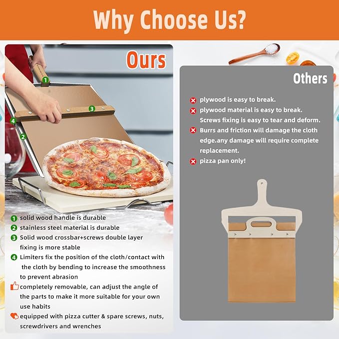 Non-Stick Sliding Pizza Peel 16" & 22x13 Metal Board, Bamboo Paddle w/Detachable Handle & Free Pizza Cutter for Beginners, Outdoor Oven Baking