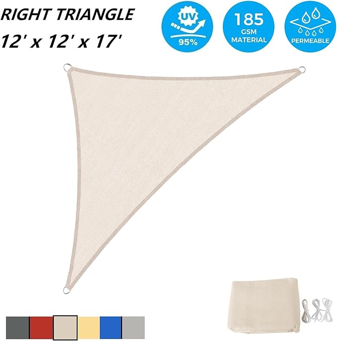 AsterOutdoor Sun Shade Sail Triangle 12' x 12' x 17' UV Block Canopy for Patio Backyard Lawn Garden Outdoor Activities, Cream