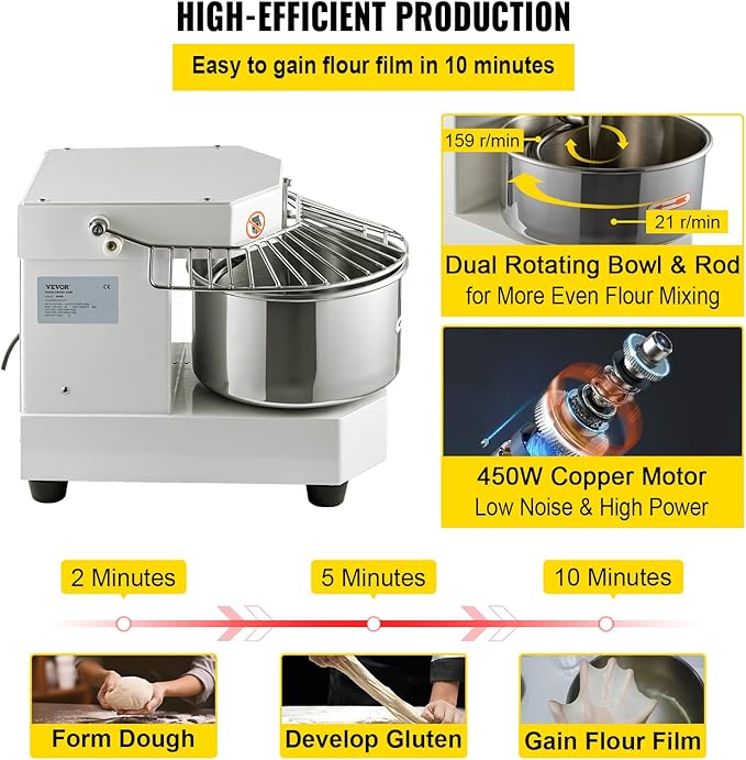 VEVOR Commercial Food Mixer, 8.5Qt Capacity, 450W Dual Rotating Dough Kneading Machine with Food-grade Stainless Steel Bowl, Security Shield & Timer Included, Baking Equipment for Restaurant Pizzeria