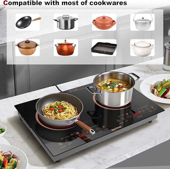 Karinear 2 Burners Electric Cooktop 24 Inch, 110v~120v Countertop and Built-in Elecric Stove Top, Portable Electric Radiant with Outlet Plug, Sensor Touch, Child Safety Lock, Timer(Gold)