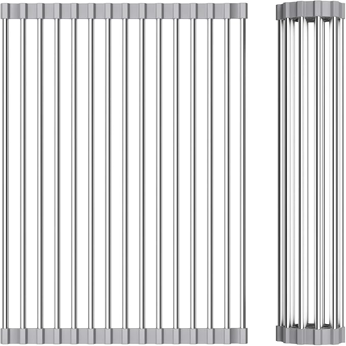 Foldable Over Sink Dish Drying Rack - Stainless Steel Sink Drain Rack with Silicone Edges, Roll-Up Storage for Kitchen, RV, Dorm Sinks (18.5×11.4in)