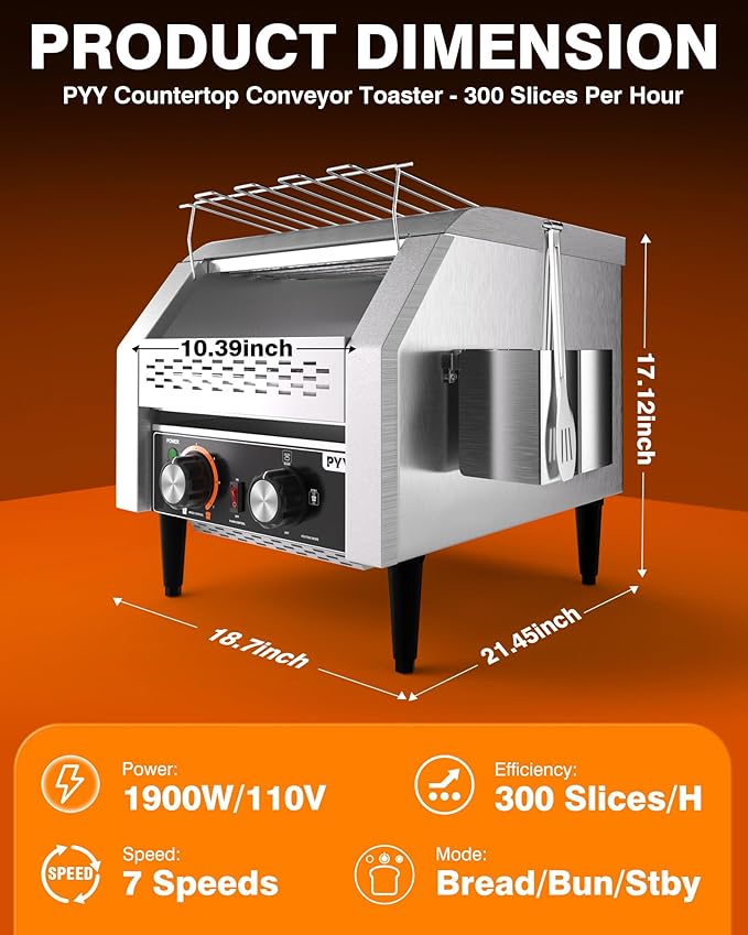 PYY Commercial Conveyor Toaster - 300 Slices/Hour Restaurant Conveyor Toaster for Bun Bagel Bread, Heavy Duty Stainless Steel 1900W, 110V