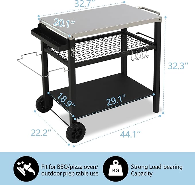 ROVSUN Gourmet Rolling Grill Cart Table with Double-Shelf, Stainless Steel Tabletop, Hooks, Side Handle, Pizza Oven Cart for Camping, Party, Tailgating, and Outdoor Cooking, Portable, Black and Silver
