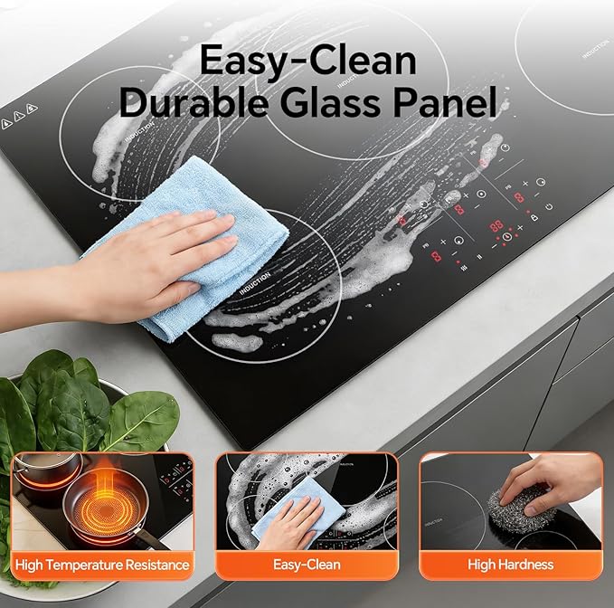 Ranein Induction Cooktop 30 Inch, Build-in 5 Burners Electric Stove Top, 9 Power Settings, Max 9200W, Sensor-Control Induction Hob with Multiple Safety Protections, Compatible with Magnetic Cookers