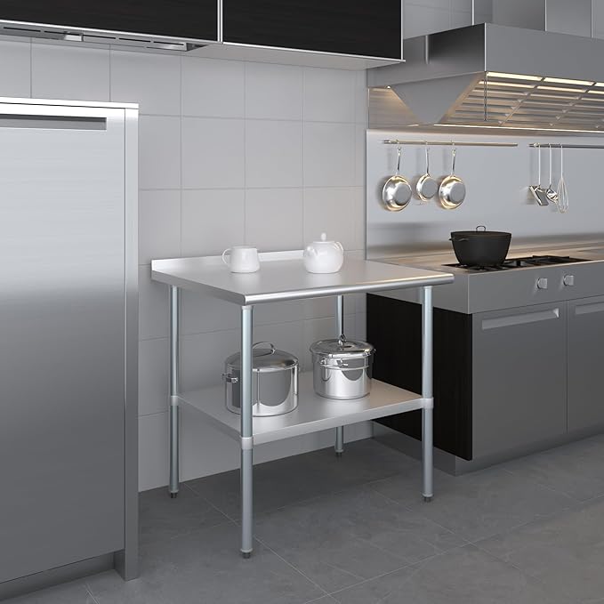AmGood Stainless Steel Work Table with 1.5" Backsplash | Metal Kitchen Food Prep Table | NSF (36" Long x 30" Deep)