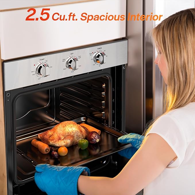Empava 24 Inch Electric Single Wall Oven in Stainless Steel, 4 Cooking Modes with Mechenial Knob Control, 2.5 Cu.ft, 2950W