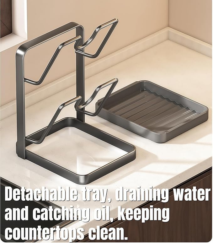 Kitchen Pot Lid Storage Rack Holder for Countertop, Space-saving Vertical Compact Pot Lid Holder Double-layer with Removable Drip Tray, Gray
