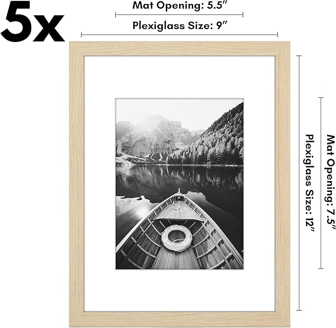Americanflat 9x12 Picture Frame with Polished Plexiglass - Set of 5 - Use as 6x8 Frame with Mat or Display 9x12 Photo Without Mat - Galleria Collection - Picture Frames for Wall Display - Natural Oak